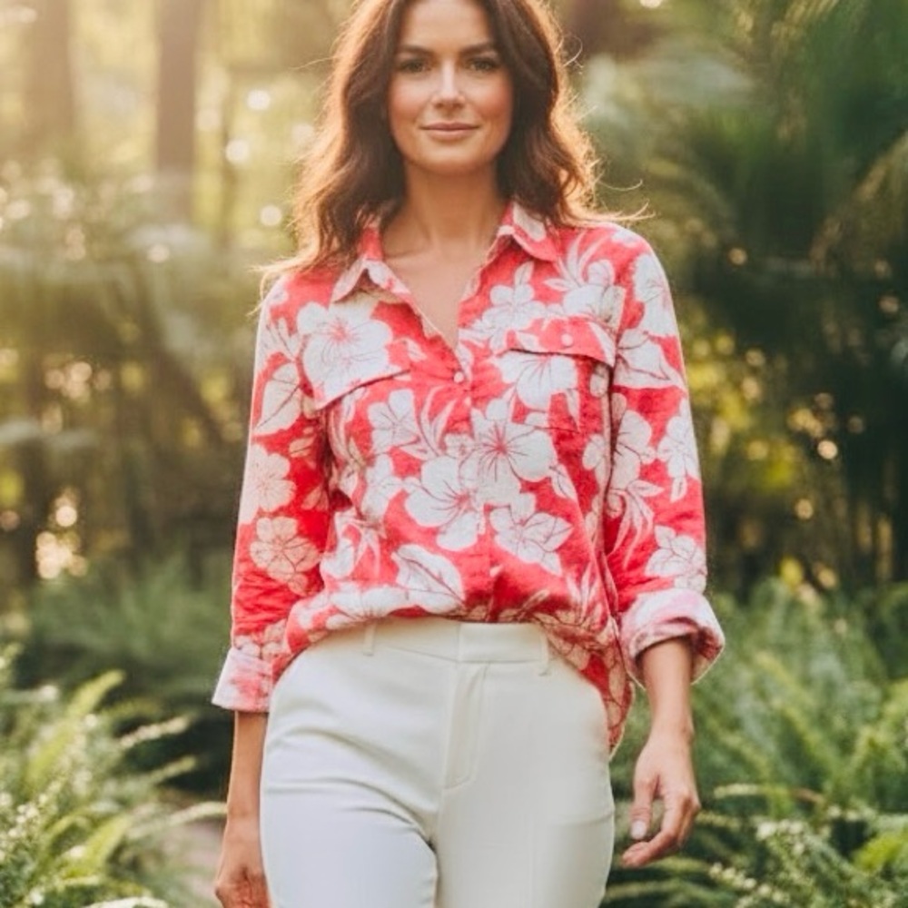 Tommy Bahama Women’s 100% Linen NWOT Tropical Pink White Button Down Shirt M